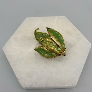 Liz Claiborne Enamel Green and Gold Tone LC Leaf Brooch